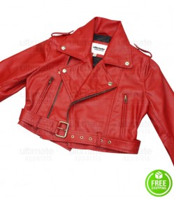 BEBE REXHA RED CROPPED BIKER LEATHER JACKET